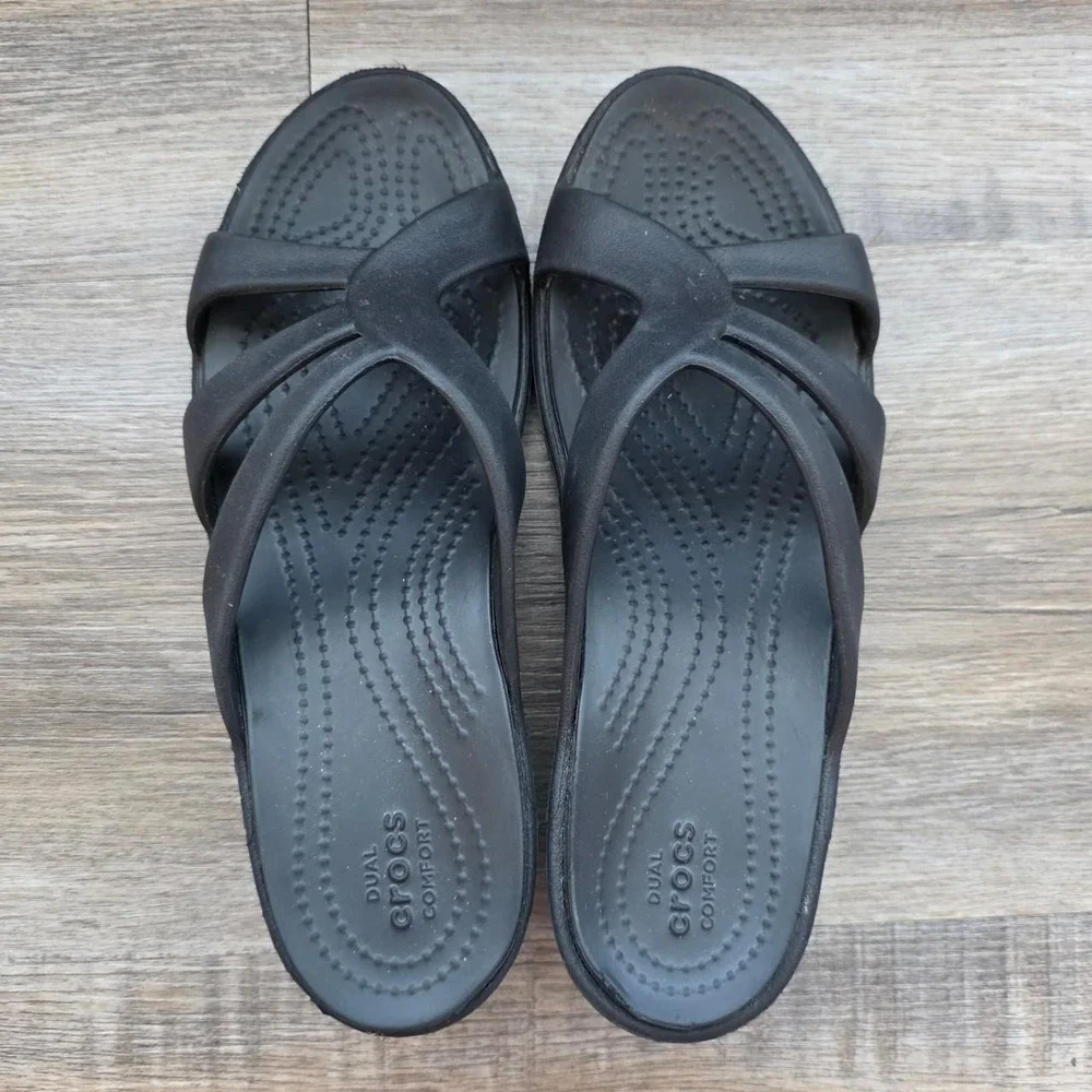 Crocs Sanrah Strappy Wedge Sandals Black Slide 204010 Womens Size 6